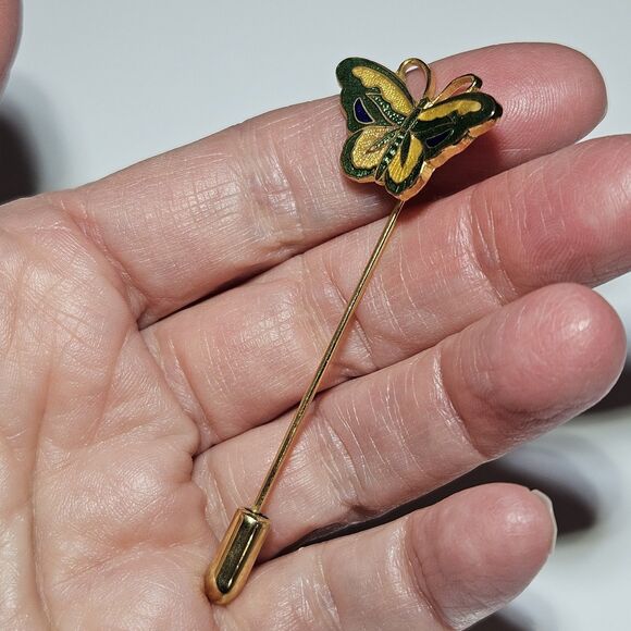 Gold Tone Yellow Green Cloisonne Butterfly Stick Lapel Hat Pin - Picture 4 of 11